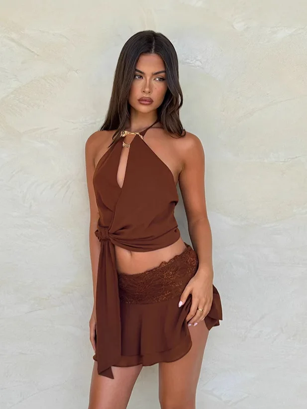 

Women's Halter Lace-up Two Pieces Sets Strap Camisole Slim Mini Skirt New Lace Patchwork Streetwear Female Skirts Outfits