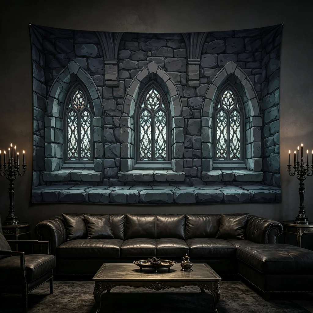 1PC Gothic Castle Medieval Stained Glass Print Backdrop Banner, Halloween Gothic, Bedroom Photo Background, Polyester Wall
