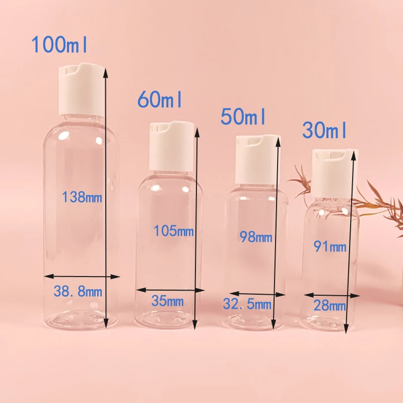 투명 플라스틱 스퀴즈 병, 디스크 탑 플립 캡, 샴푸 로션 바디 비누 크림용 리필 용기, 30ml-100ml, 10 개