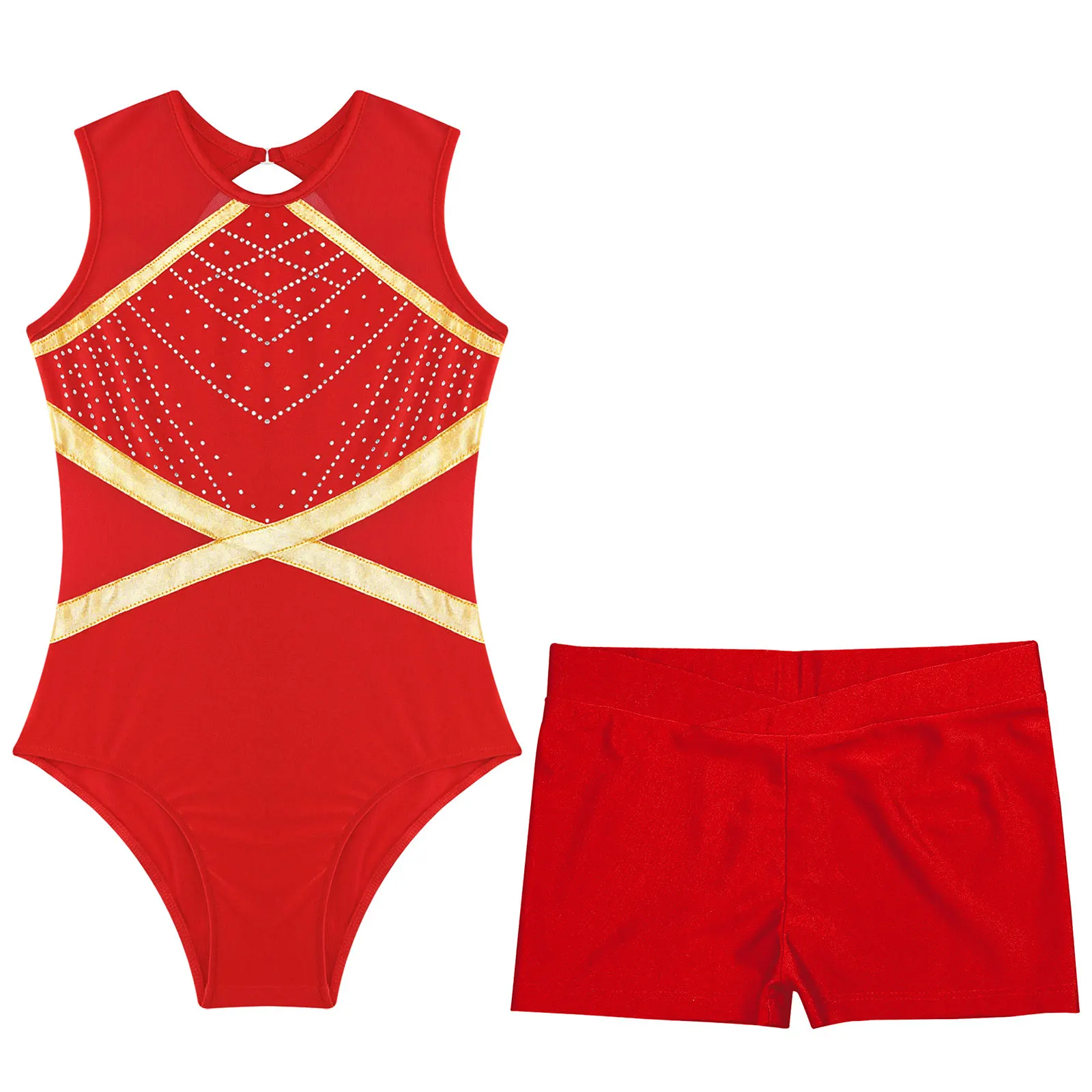 Kinderen meisjes ritmische gymnastiek ballet jersey kunstschaatsen kostuum glittery strass dans turnpakje bodysuit met shorts