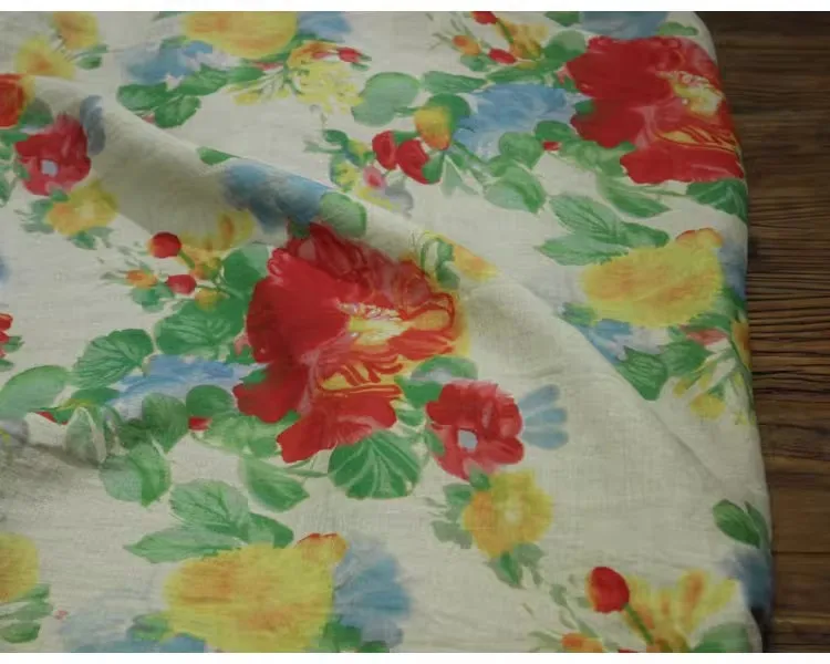 

1 ярд, новая натуральная ткань рами для одежды, красные и желтые цветы, принт, шитье, юбка, платье, рубашка, сумка, ткань