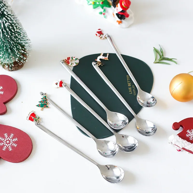 1pc Merry Christmas Stainless Steel Gold Silver Elk Snowman Santa Spoon 2024 New Year Christmas Decoration for Home 2023 Navidad