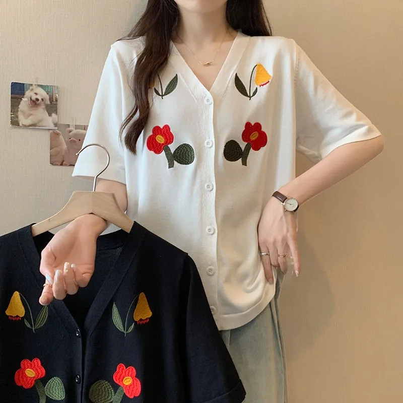 DAYIFUN-Large Size Cardigan Women Flower Preppy Embroidery Knitted Tops V-neck Short-Sleeved Ice Silk Tees Summer Fashion New