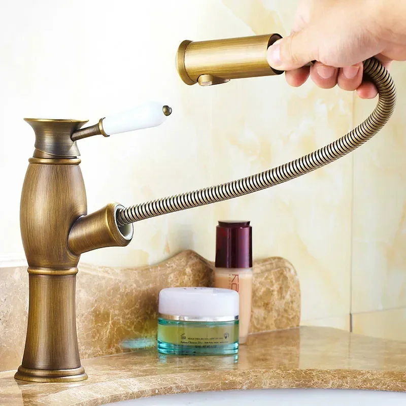 Bathroom Faucet Brass Pull Out Sink Taps Ceramic Single Lever Hole Deck Mount Hot Cold Mixer Water Faucet Brass Faucet Bathroom 5