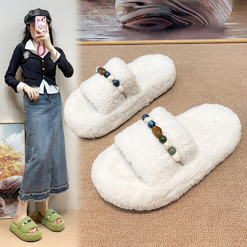 

Новинка 2023 года, женские меховые тапочки на массивной платформе, осенние уличные тапочки на толстой подошве, женские короткие плюшевые дизайнерские туфли