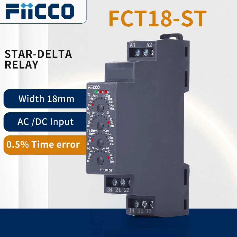 

Fiicco FCT18-ST 18mm Din Rail Mounting ACDC12V 24V 110V 220V Star-Delta Changeover Timer Relay for Star-delta Motor Starting