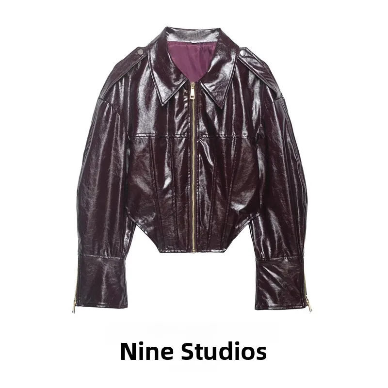 

Женская куртка NINE ZAR из искусственной кожи с молнией, приталенная, с воротником-стойкой, укороченная, с длинными рукавами, из синтетической ткани, весенняя коллекция