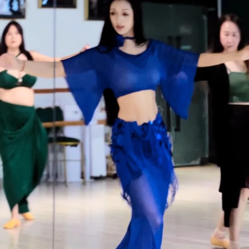 customized belly dance costumes new set sexy long dress performance costume group class uniform blue suit top skirt hip scarf