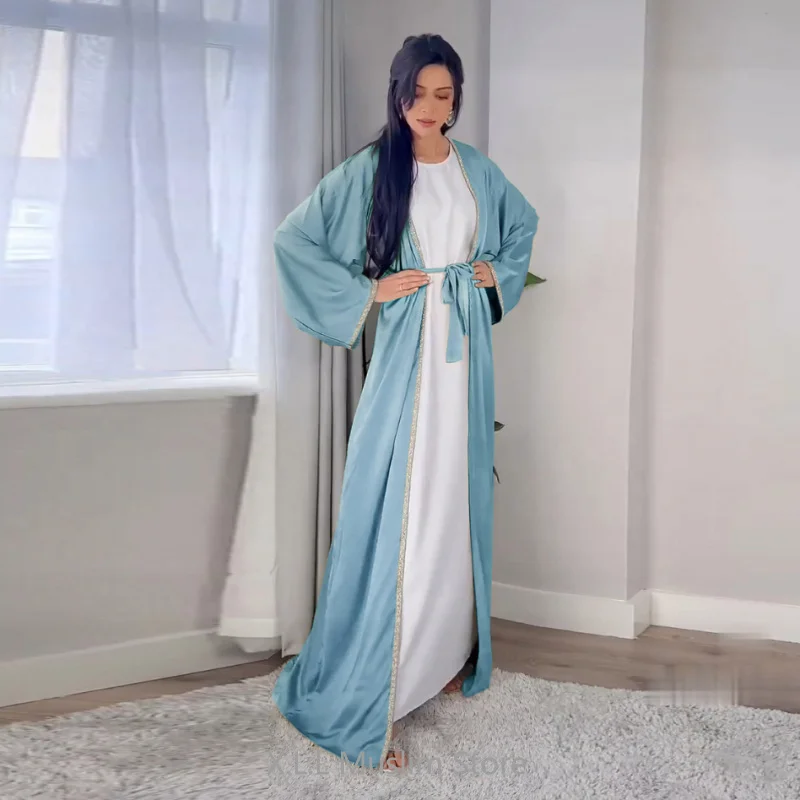 Open Kimono Abaya Shiny Satin Caftan Femme Outfit Turkey Kaftan Kebaya Modest Dubai 2024 Luxury Muslim Women Dress Musulmane