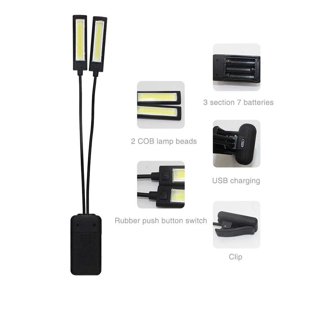 USB 2 Led COB Light Build-in Battery Book Reading Lamp Light Flexible 2 Dual Arms Clip On Torch Flashlight + Cable