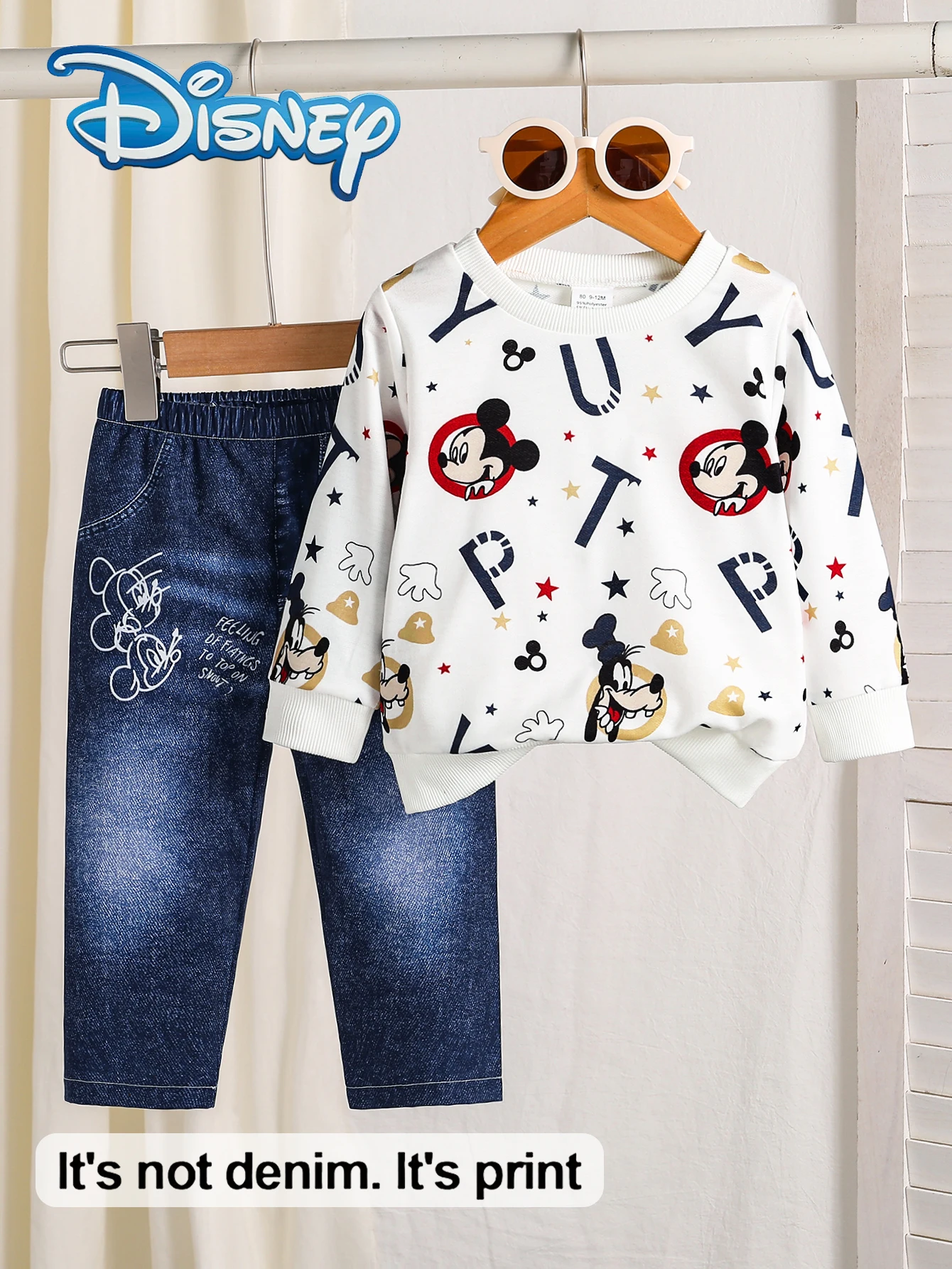 

【Officially Licensed】Disney Exclusive Autumn Collection Baby Boy Newborn Mickey Mouse Cute Long-Sleeve Sweatshirt and Denim-Look Pants Set, Featuring Mickey Mouse All-Over Cartoon Print, Slightly Stretchy, Suitable for Daily Wear by Infants and Newborns, 