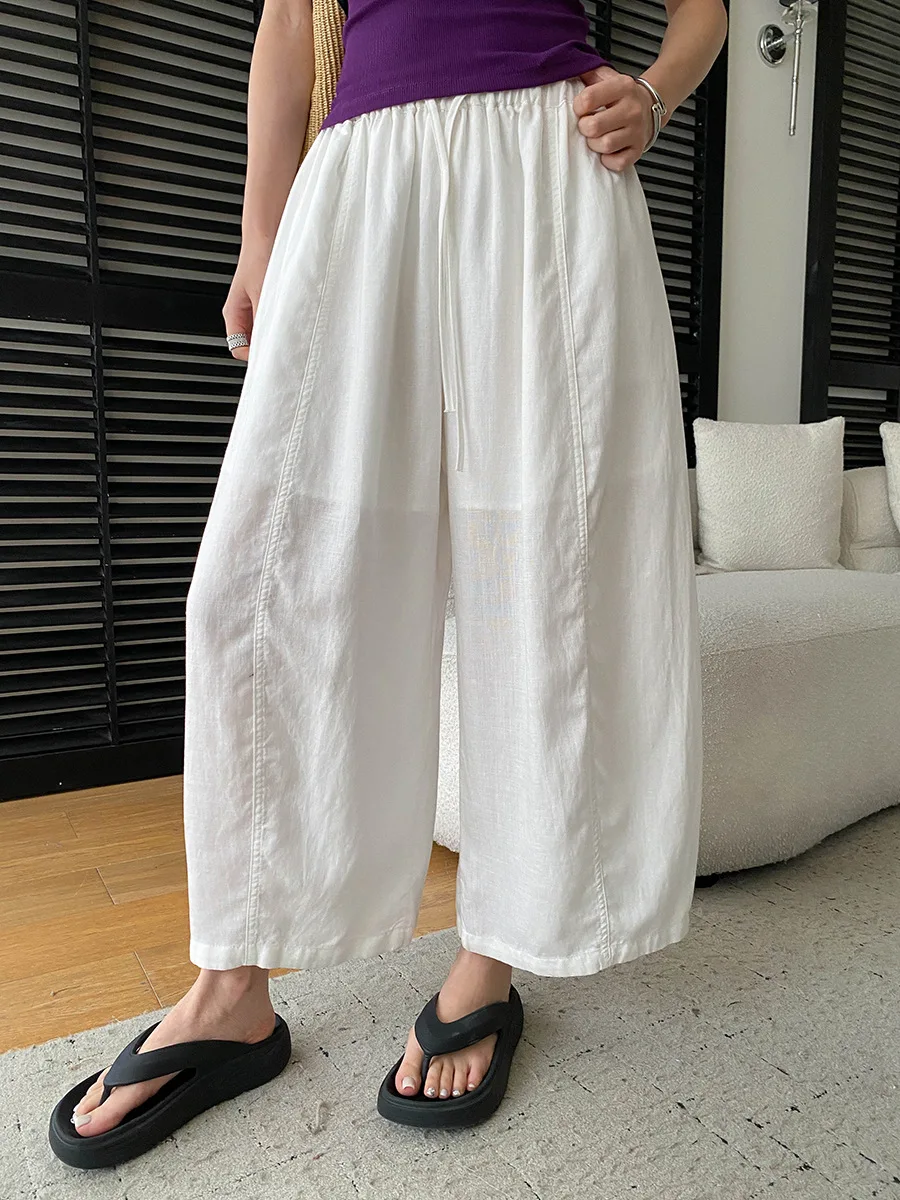 Sommerliche High-Waist-Hose mit weitem Bein für Damen, lässige, einfarbige, locker sitzende Hose – Detail 20