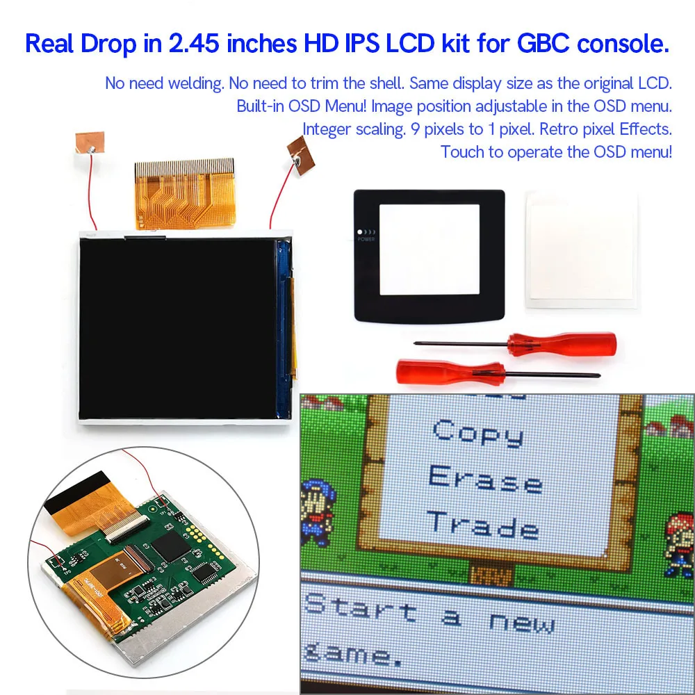 

Hispeedido Newest Real Drop In 2.45" GBC Retro Pixel HD IPS Backlight LCD Kit For Gameboy Color No Need Welding and Trim Shell