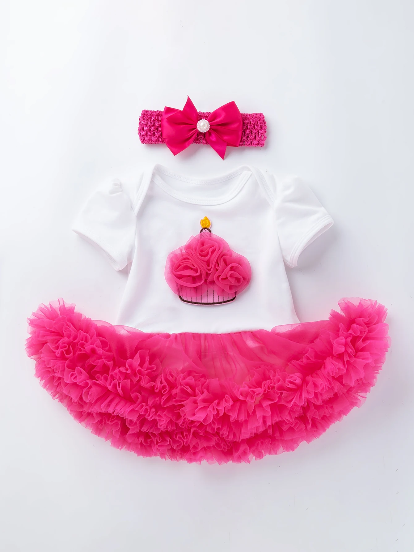 Baby Girls 1st Birthday Outfit Cupcake/Crown Number 1 Print Bodysuit Hot Pink Tutu Skirt Bow Headband 3Pcs Party Costume