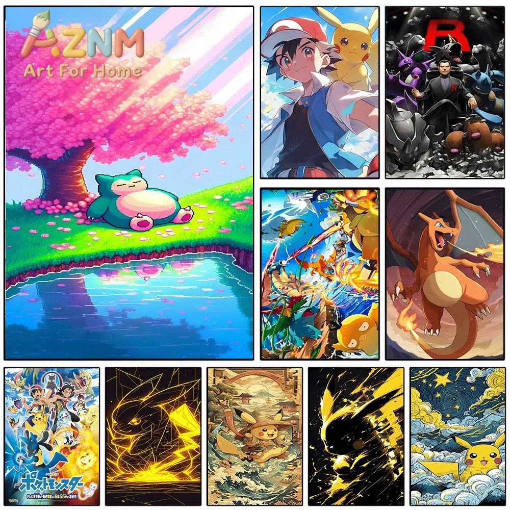 Pokemon Snorlax Under Cherry Blossom Canvas Wall Art No Frame Anime Scenic Print Poster Painting for Bedroom Living Room Home