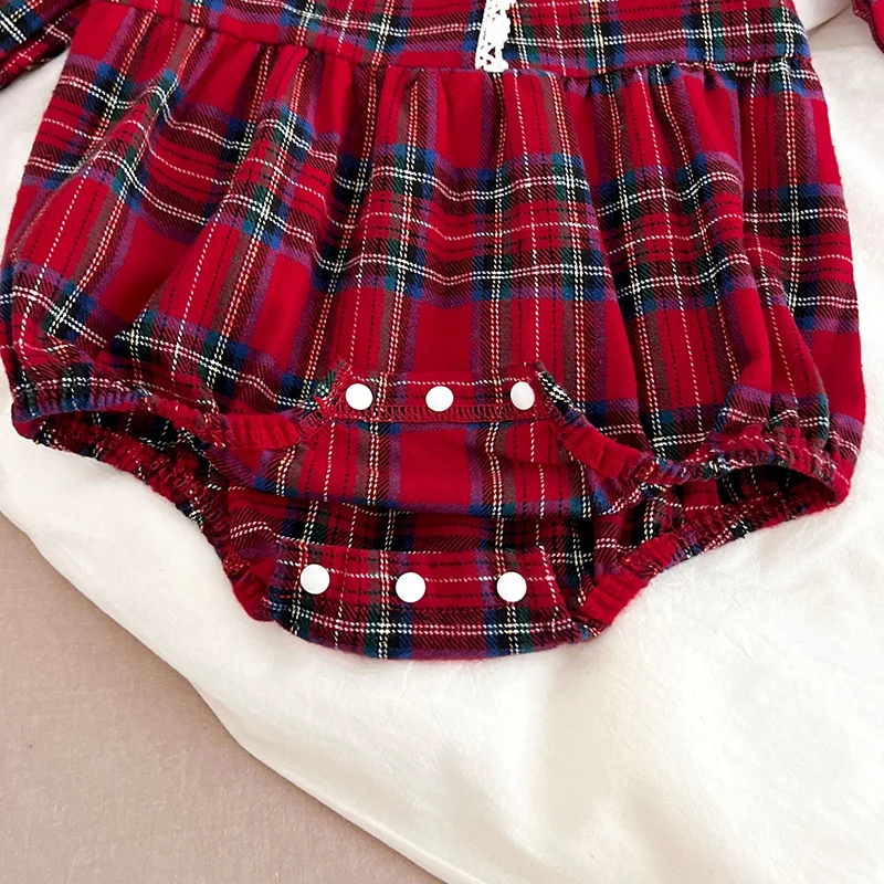 Neue Weihnachten Kleinkind Baby Mädchen Strampler Lange Ärmel Grid Strampler Herbst Neugeborenen 0-24M Spleißen Infant Baby mädchen Rot Overall – Detail 15