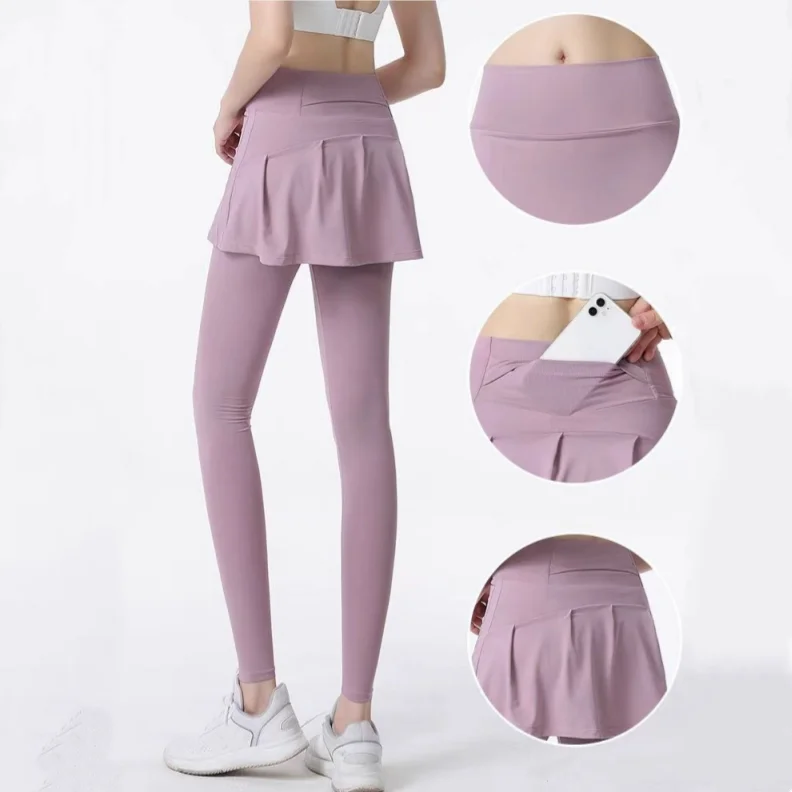 Yoga leggings with brand logo women fake two leggings ninth pants hip cover skirt high waist culottes with pockets pantskirt