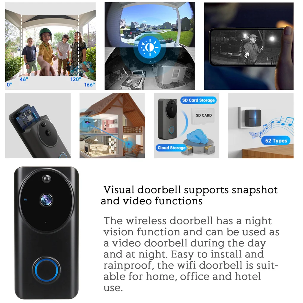 Smart Video DoorBell WiFi Visual Doorbell 720P HD 166° Wide-angle Door Bell Phone Intercom PIR Motion Detection Two Way Audio