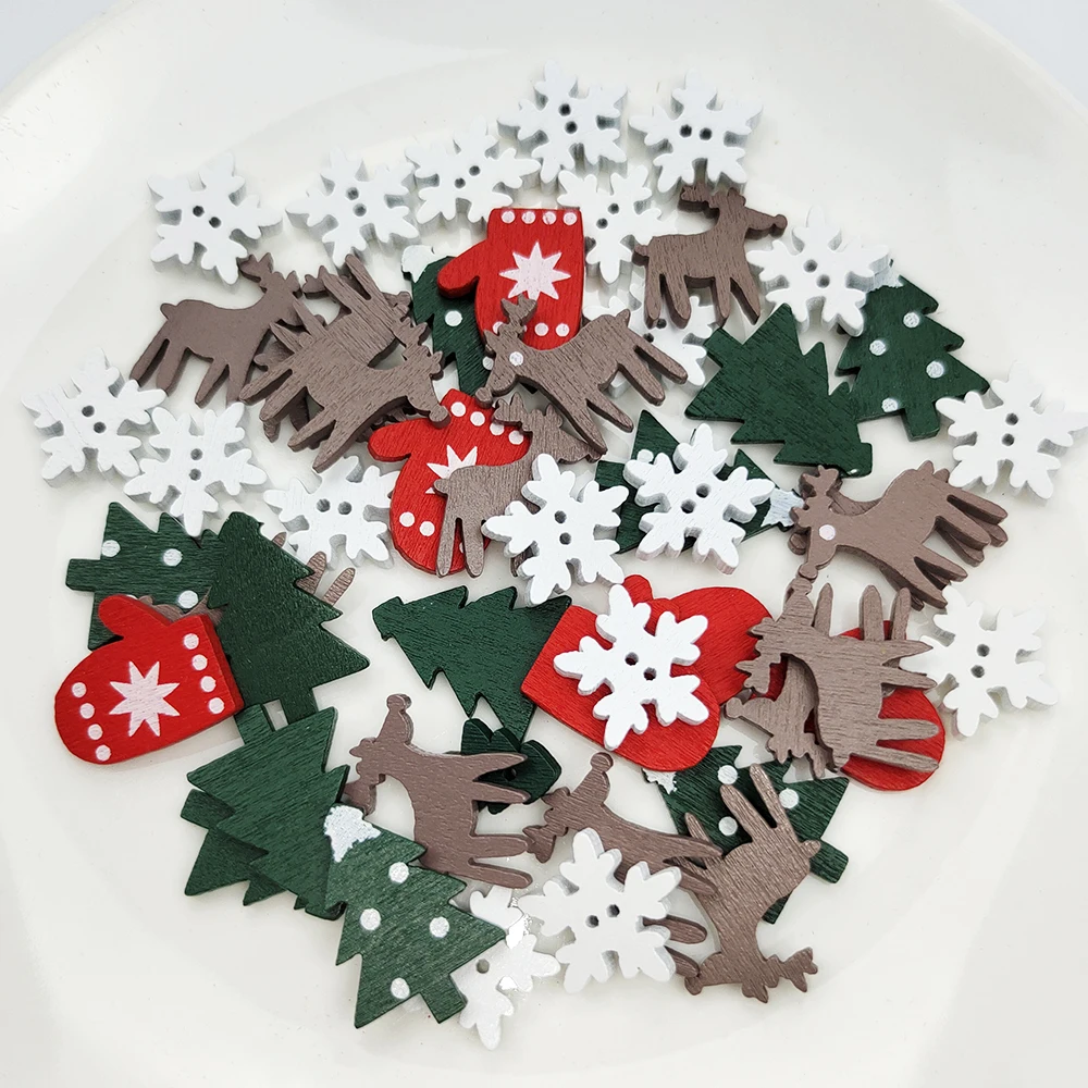 50Pcs Merry Christmas Wooden Clips Ornament Xmas Tree Snowflake Deer Cartoon Wood Sticker for Diy Christmas Party Decorations