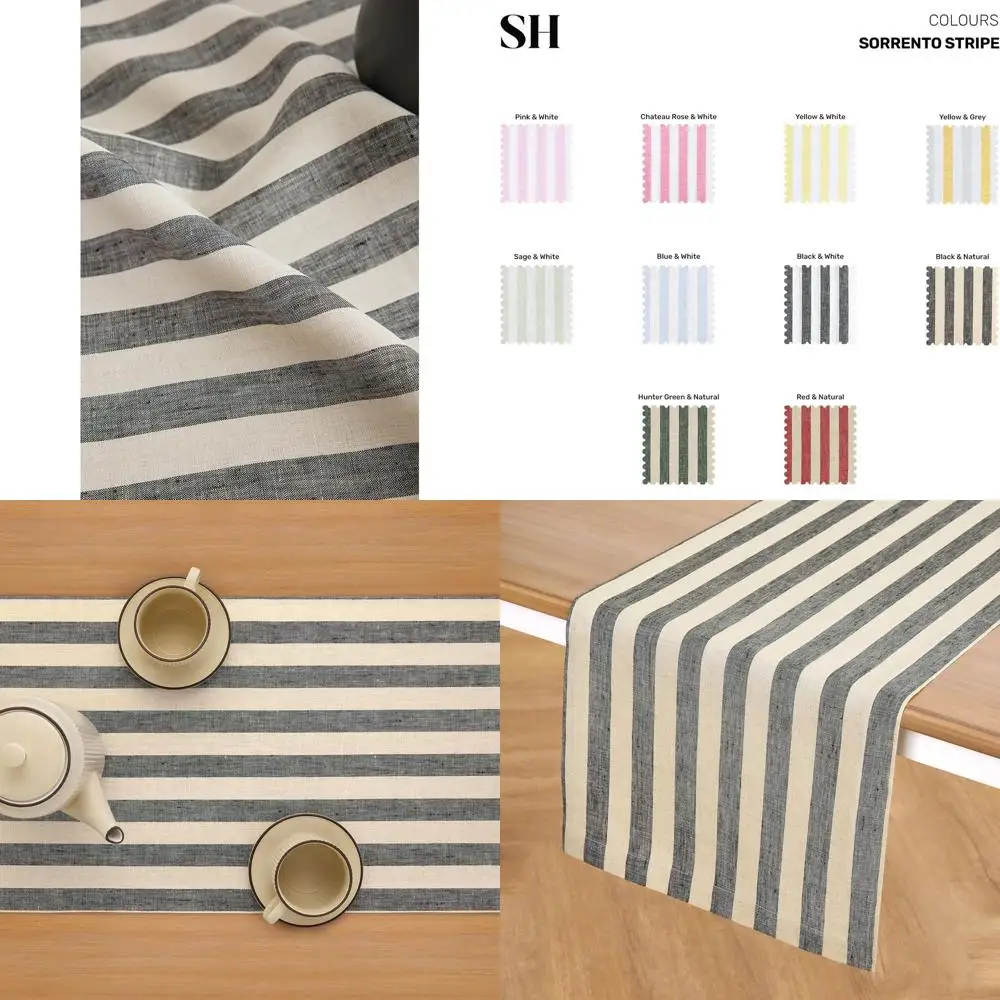 

14x120 Inch Pure Linen Black & Natural Striped Table Runner - 120 Inch Long Dining Runner