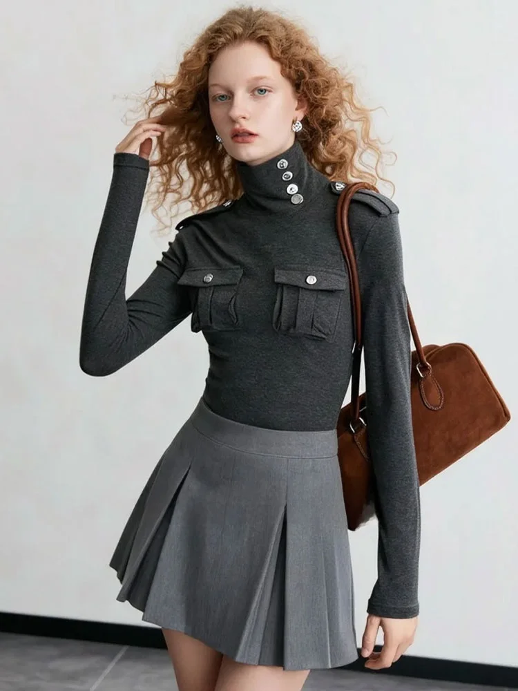 

ZhuoZhi High Collar T-irt with ket Slim Fit Button Detail Spring 2026 New Sle French Sle Long Sve Breathable