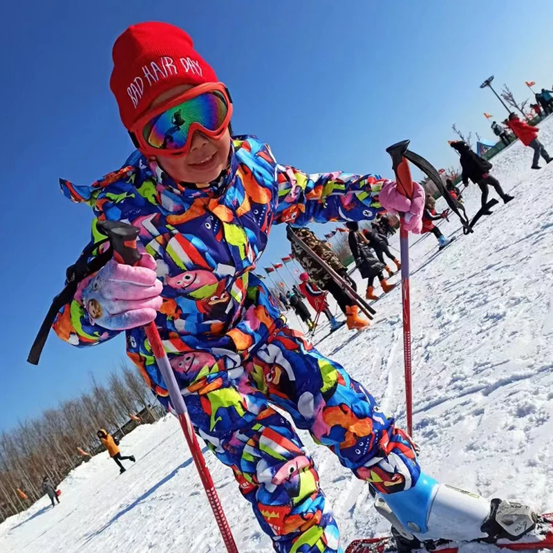 One-Piece Kids Skisuits Hooded Waterproof Windproof Snowboard Boys Snowsuit Winter Skiing Sports Wear Print Overalls Jumpsuits