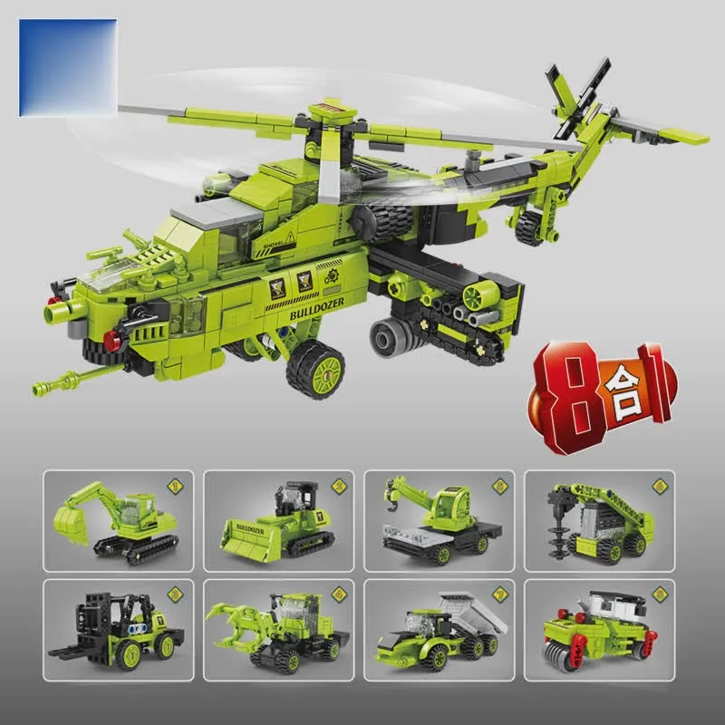 Ww2 Helicopter City Engineering 8 in 1 Model Building Blocks Bulldozer Friend Excavator Children's Toy Gifts