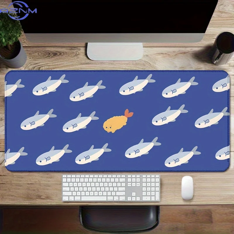Extended XL Mouse Pad Featuring a Cartoon Fish Design in Ocean Blue, Perfect for Office Desk Additions. This Multicolored Comput
