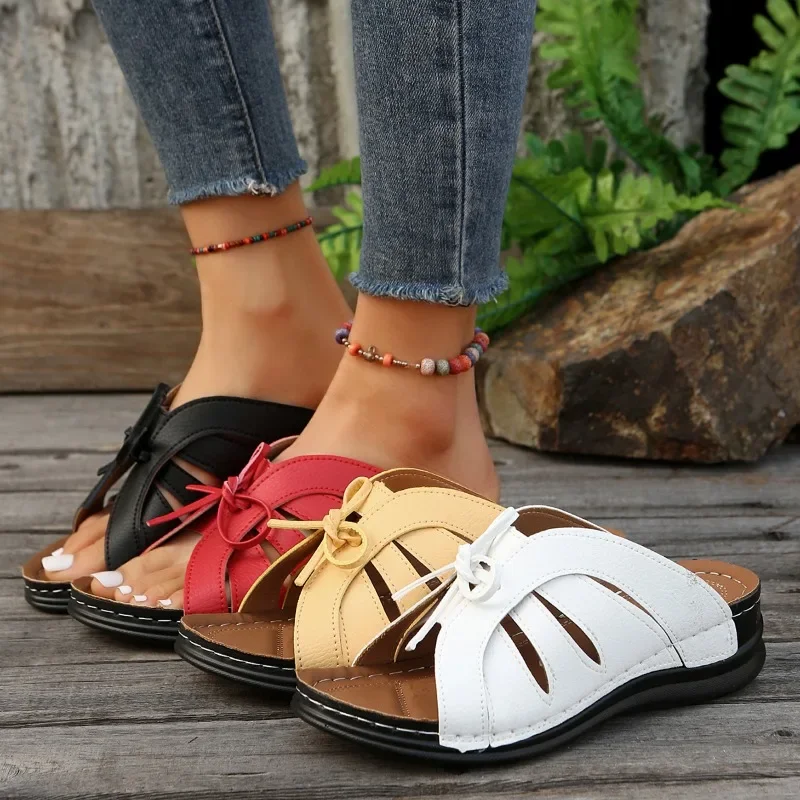 2024Women Bow Wedges Slippers Platform  Shoes Summer Beach Flip Flops Female New Fashion Sandals Casual Slides Big Size