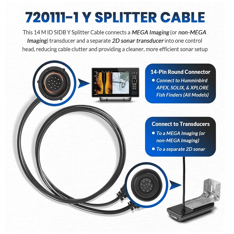 30 Inch 720111-1 14 M ID SIDB Y Splitter Cable fits for Humminbird SOLIX, APEX, XPLORE | | Supports Airmar Transducer ID