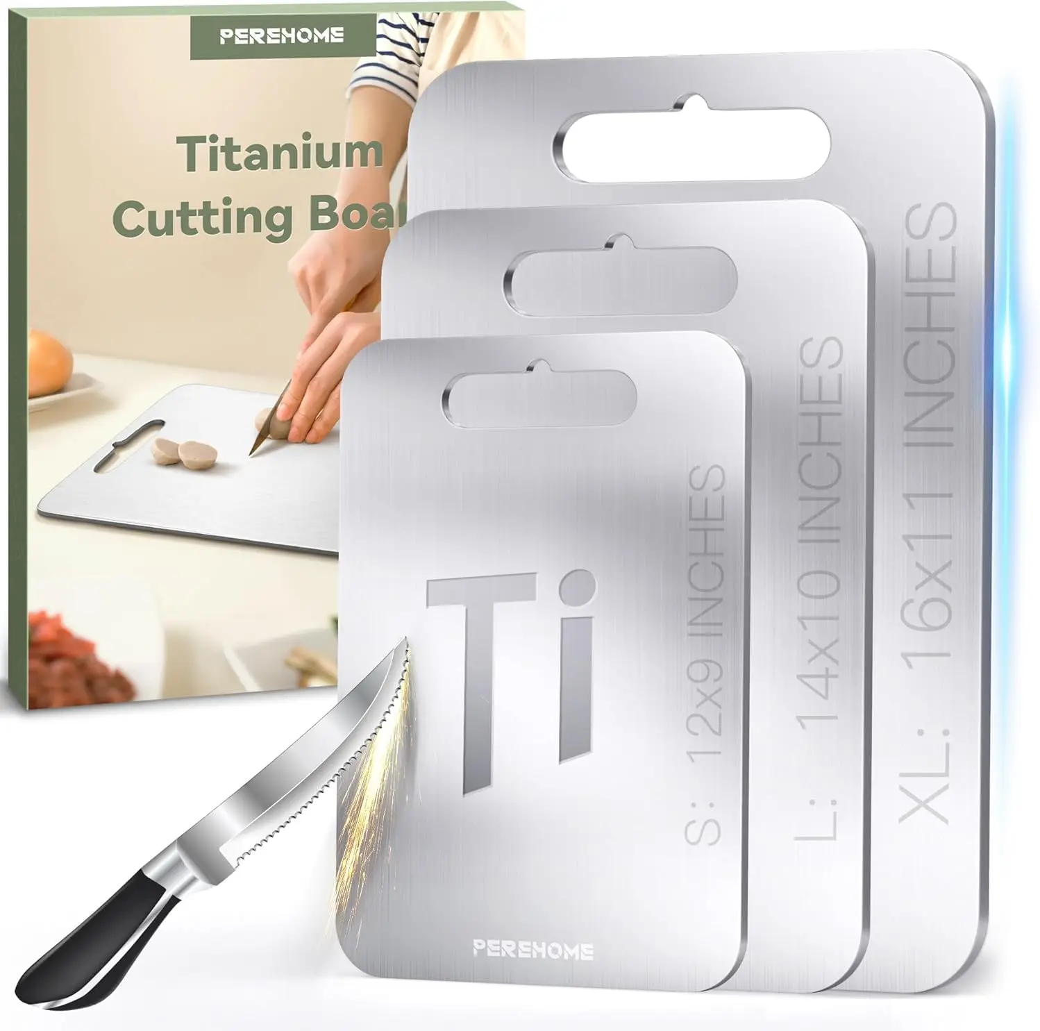 

Titanium Cutting Board Set of 3, Double Sided Food Grade Chopping Boards with Handle for Meats Fruits Vegetables, Dishwasher