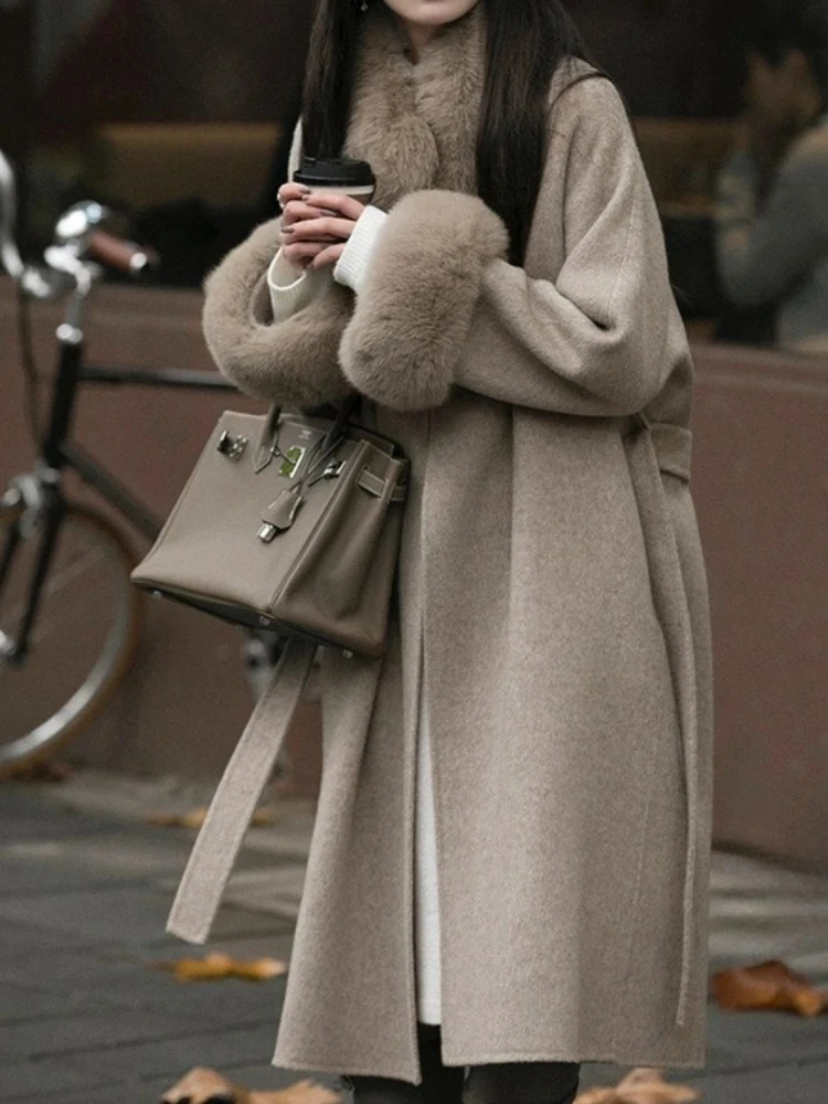 Giacca di lana Nuovo collo in vera pelliccia di volpe Giacca di lana di cashmere double face Donna O-collo lungo Abiti invernali eleganti femminili