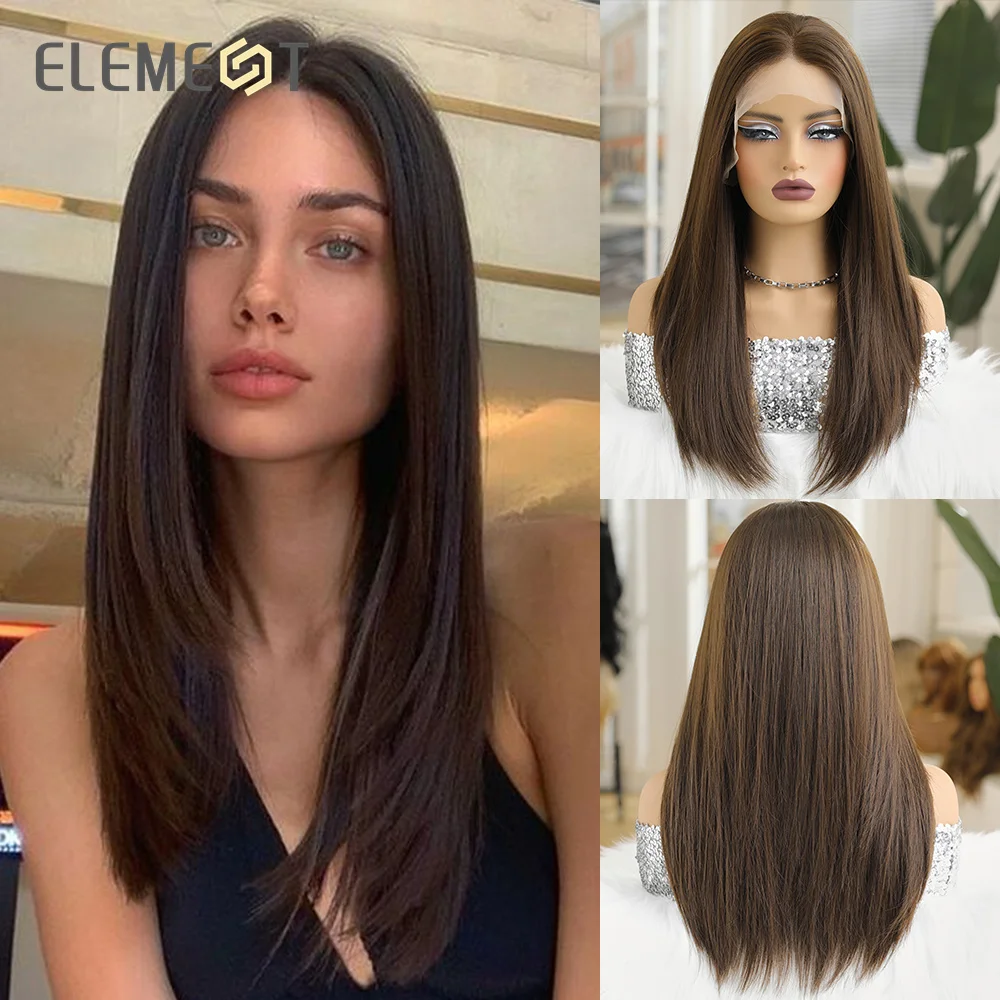 ELEMENT 13*6 HD Lace Front Synthetic Wigs Straight Wavy Dark Brown Daily Party Wig with Side Bangs for Women Ladies Natural Use