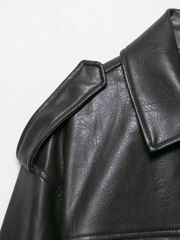 Women 2025 Autumn Winter Mid-length Loose Vintage Black Pocket Faux Leather Coat With Belt Casual Jacket Femme