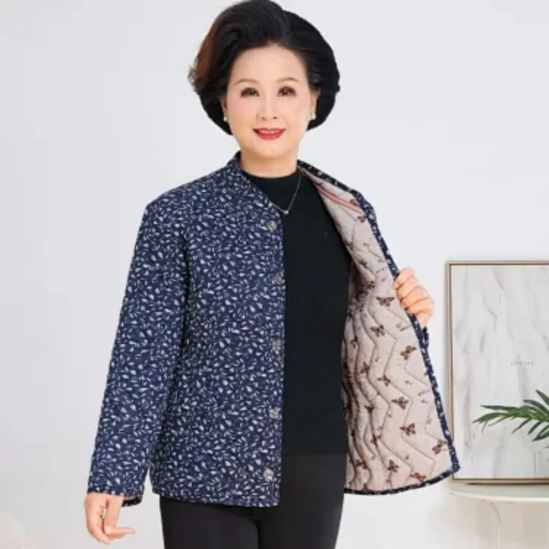 Plus Size Elderly Women Stand Collar Floral Print Camel Velvet Padded Coat Thick Warm Cotton Jacket Mom Winter Outerwear