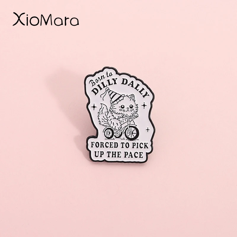 

Leisurely Rubbing Cat Riding Bicycle Enamel Pins Forced To Pick Up The Pace Brooches Lapel Badges Clothes Animal Jewelry Gift