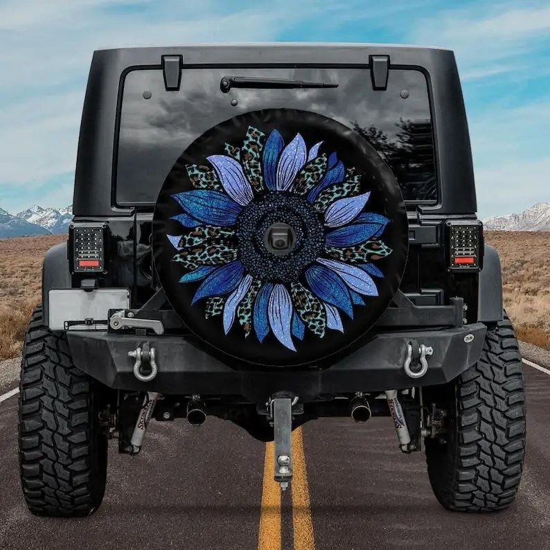 Spare Tire Cover with Blue and Cheetah Sunflower design, Blue Sunflower Wheel Cover, Sunflower Tire Cover, girl, Blue