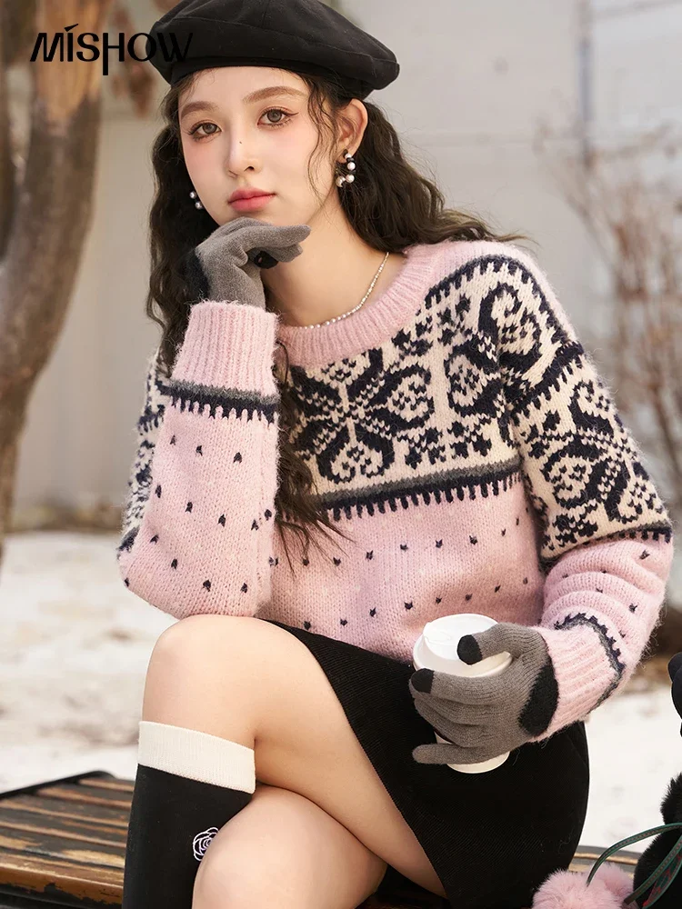 MISHOW Retro Round Neck Jacquard Sweater Winter Casual Loose Fashion Pullover Long Sleeve Knitted Top Gentle Jumpers MXC56Z0442