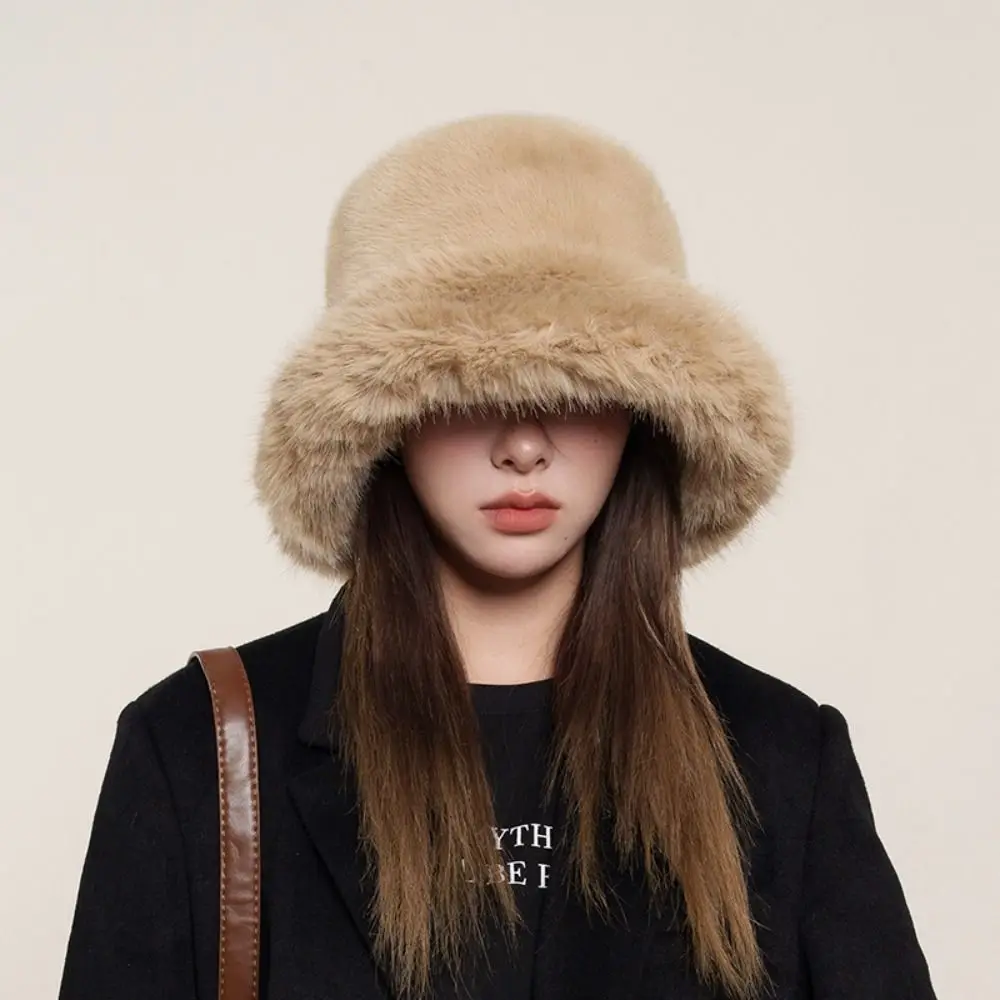 

Fashion Fluffy Hat Artificial Fur Hat Imitation Fur Thickened Plush Bucket Hat Fashion All-match Winter Cap Cycling