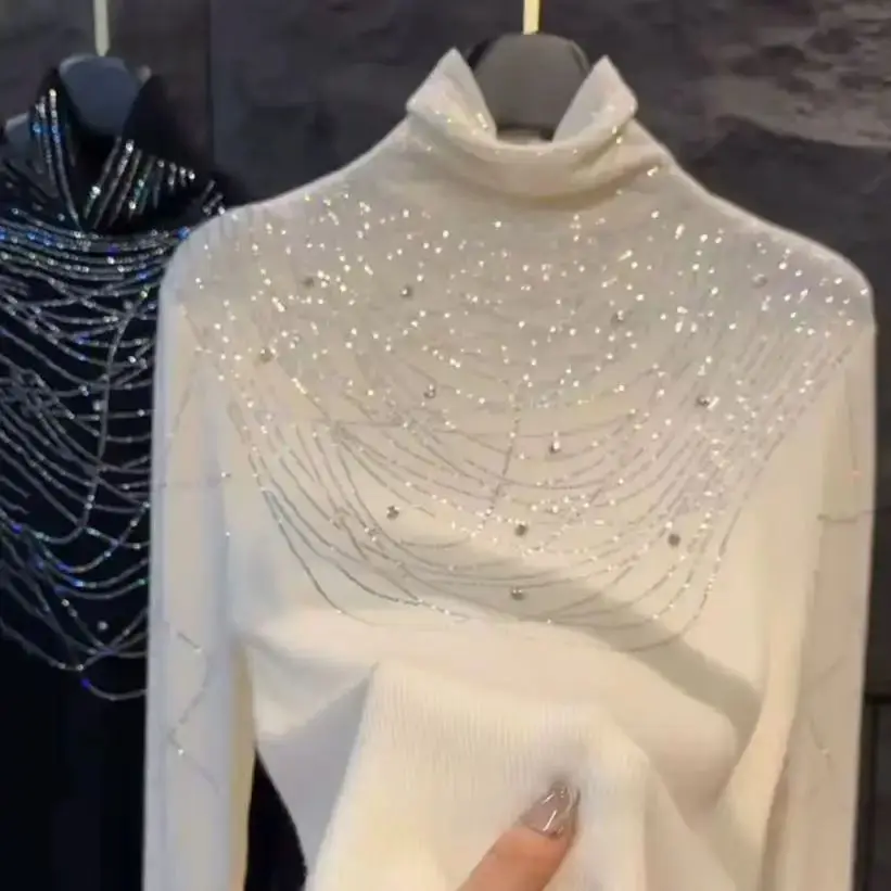 High-End Diamonds Hot Drilling Rollkragenpullover Slim Fit für Damen Herbst/Winter Strickwaren Bottoming Pullover Pullover