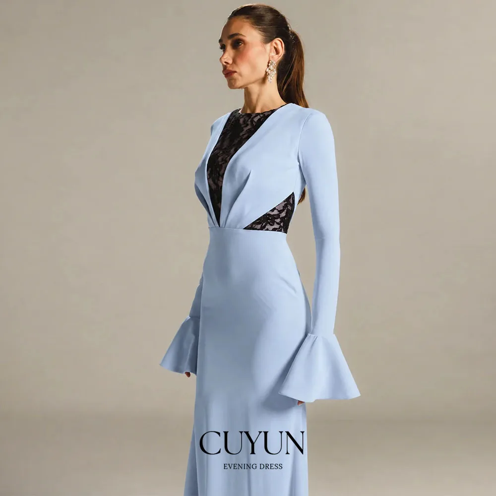 CUYUN Lace Patchwork Women Formal Dress Modest Customized Flare Long Sleeves Evening Gown Floor-Length Wedding Guest Dresses