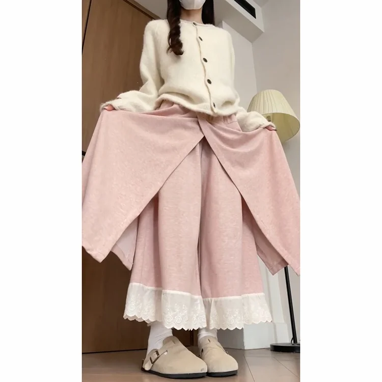 الكورية Sle عالية الخصر الدانتيل تقليم بنطال ذو قصة أرجل واسعة المرأة الخريف الشتاء Thiened Fce اصطف ثنى التخسيس تنورة السراويل