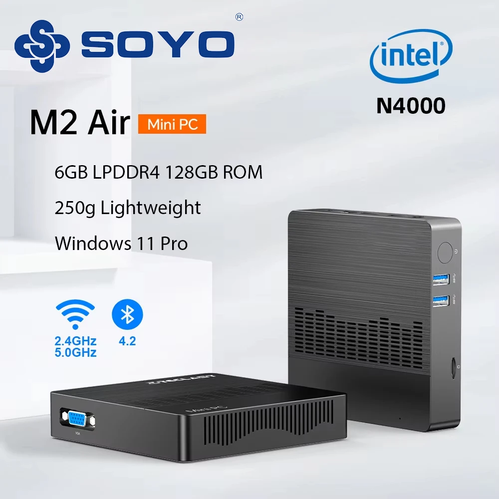 SOYO M2 Air  Mini PC: Powerful 6GB RAM, 128GB EMMC, Intel N4000, Windows 11 Pro - Compact & Ideal for Home, Business & Gaming