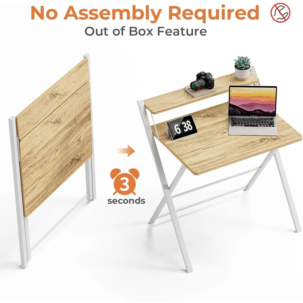 مكتب قابل للطي بدون تجميع من Greenforest، مكتب كمبيوتر مدمج من طبقتين مع رف، طاولة قابلة للطي موفرة للمساحة مقاس 30 بوصة للمنزل #4
