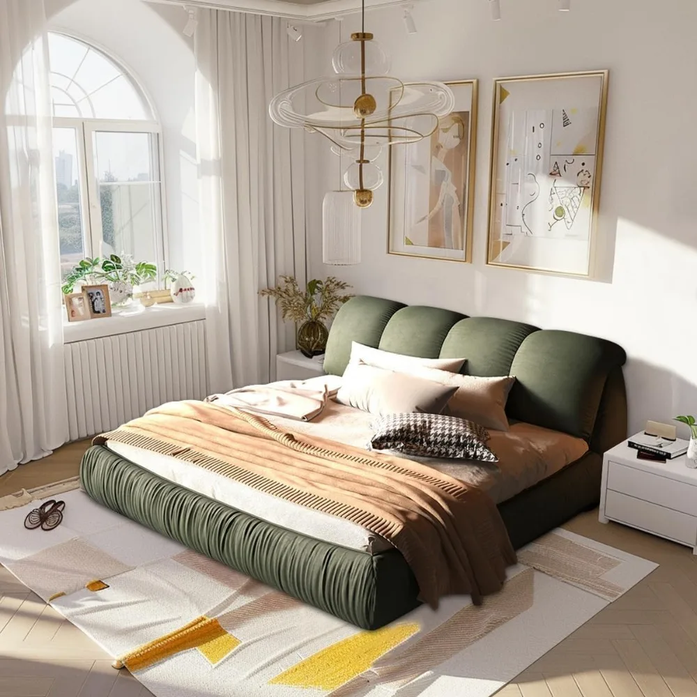 

Queen Size Upholstered Platform Bed with Oversized Padded Backrest and Solid Wood Frame for Bedroom, Apartment Room
