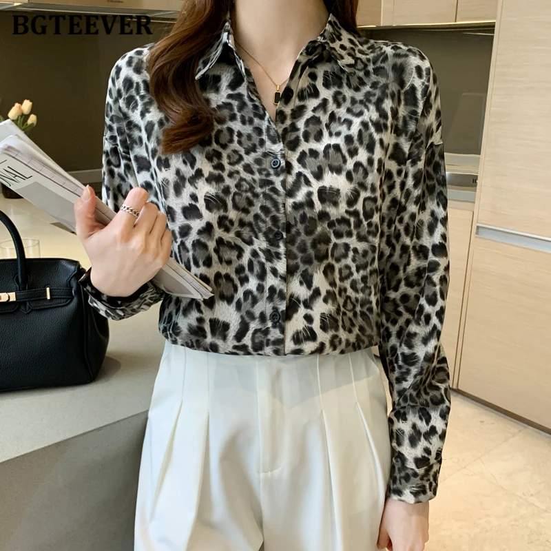 BGTEEVER Autumn Stylish Lapel Women Single-breasted Leopard Printed Blouses Tops Casual Long Sleeve Loose Female Chiffon Shirts