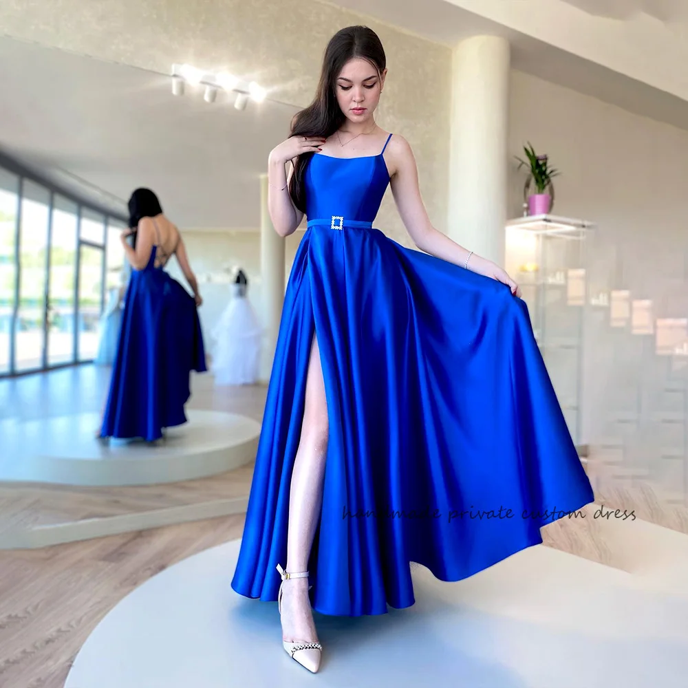 

Royal Blue Satin Long Prom Dresses Side Leg Split Spaghetti Straps Evening Party Dress with Belt Floor Length Graduation Gowns