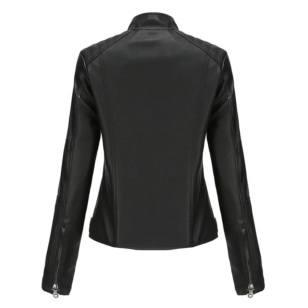 Women's Slim Fit Leather Jacket with Motorcycle Suit, Large Standing Collar, Autumn Black Zipper Outdoor Leather Windproof Top
