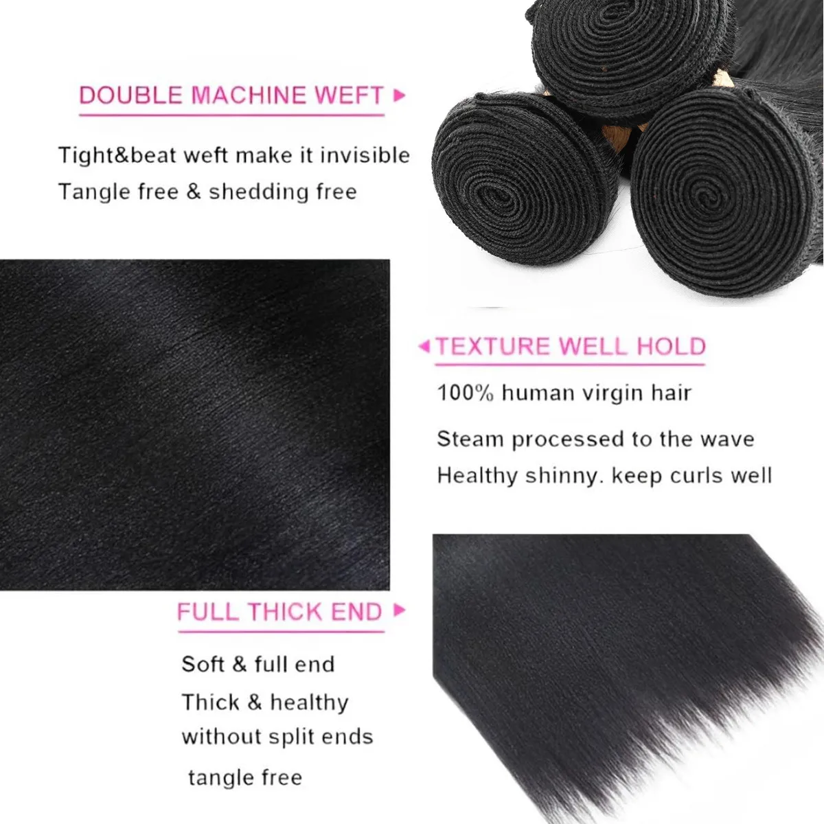 12A ياكي شعر طبيعي مفرود 3 حزم 100% غير المجهزة شعر بشري لعذراء نسج ملحقات للنساء اللون الأسود الطبيعي