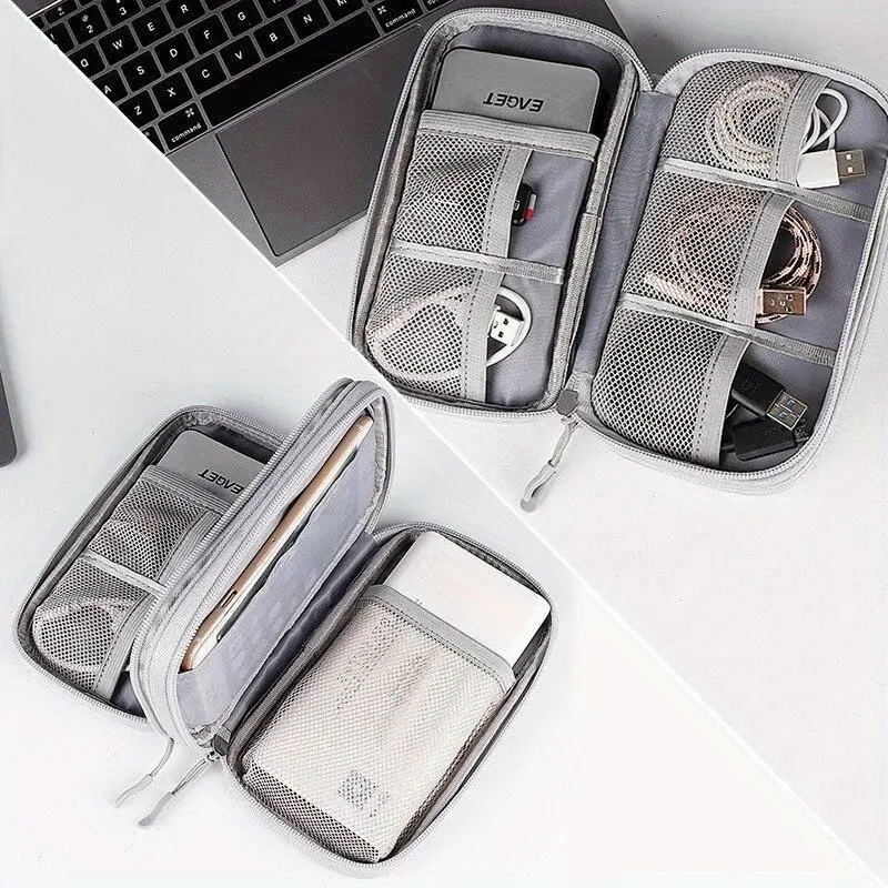 Bolsa de armazenamento portátil à prova d'água de dupla camada, bolsa de armazenamento de produtos digitais de viagem, bolsa de cabo de fone de ouvido multicamadas, banco de potência dos EUA